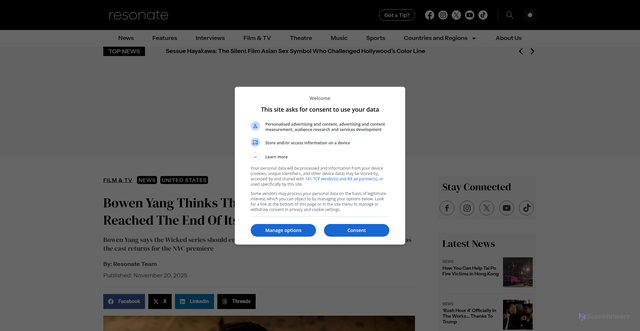 Security scan screenshot of https://www.weareresonate.com/2025/11/bowen-yang-thinks-the-wicked-saga-has-finally-reached-the-end-of-its-yellow-brick-road/