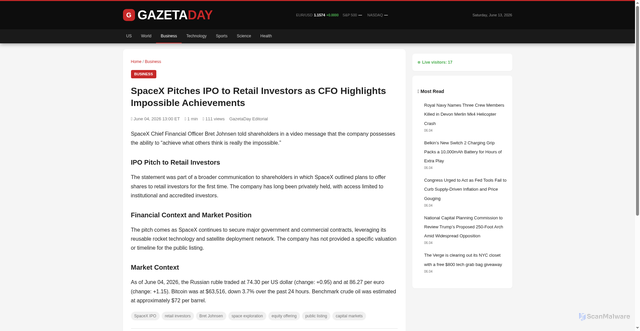 Security scan screenshot of https://en.gazetaday.com/news/2026-06-04-spacex-pitches-ipo-to-retail-investors-as-cfo-highlights-imp.html