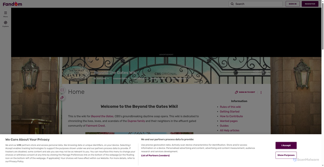 Security scan screenshot of https://beyondthegates.fandom.com/wiki/Beyond_the_Gates_Wiki