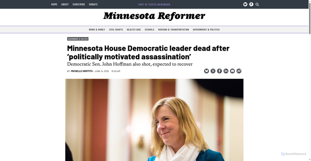 Security scan screenshot of https://minnesotareformer.com/2025/06/14/minnesota-house-democratic-leader-dead-after-targeted-shooting-democratic-senator-also-shot/