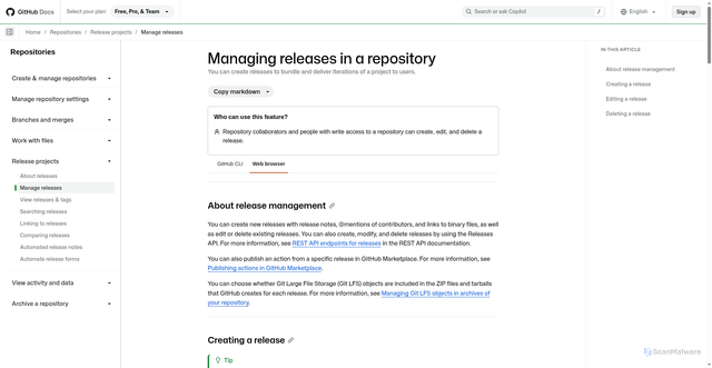 Security scan screenshot of https://docs.github.com/en/repositories/releasing-projects-on-github/managing-releases-in-a-repository