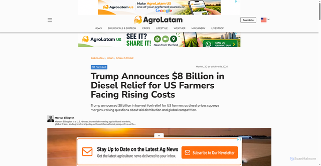 Security scan screenshot of https://www.agrolatam.com/usa/news/trump-8-billion-diesel-relief-us-farmers-2026/