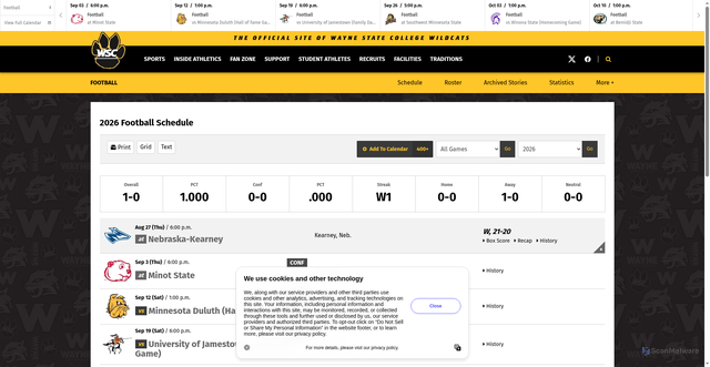Security scan screenshot of https://wscwildcats.com/sports/football/schedule/2026
