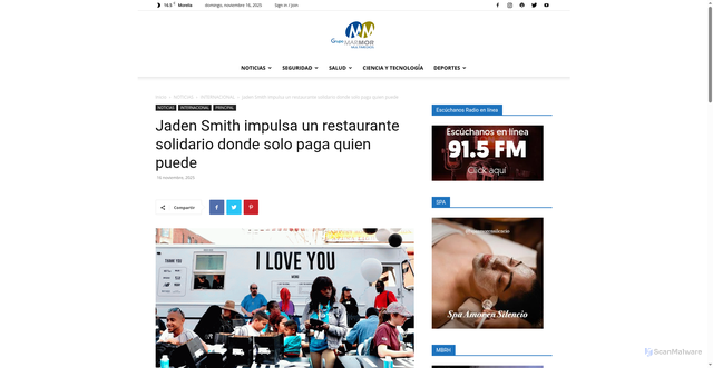 Security scan screenshot of https://grupomarmor.com.mx/2025/11/16/jaden-smith-impulsa-un-restaurante-solidario-donde-solo-paga-quien-puede/