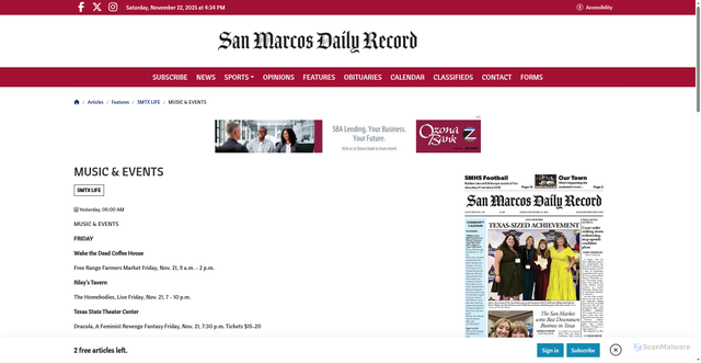 Security scan screenshot of https://www.sanmarcosrecord.com/article/31936,music-events