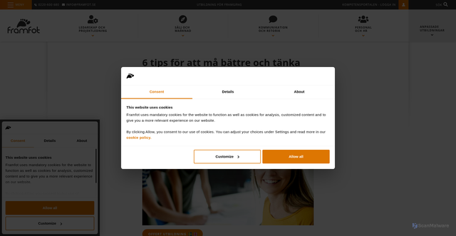 Security scan screenshot of https://www.framfot.se/tips/hall-humoret-uppe-6-tips-tank-positivt/