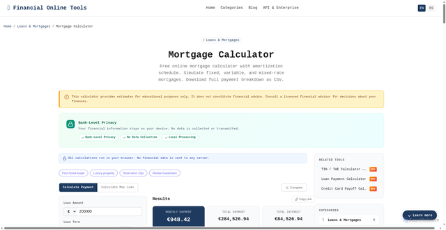Security scan screenshot of https://financialonlinetools.com/en/loans-mortgages/mortgage-calculator/