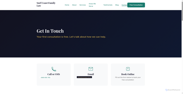 Security scan screenshot of https://surf-coast-family-law.pages.dev/contact.html