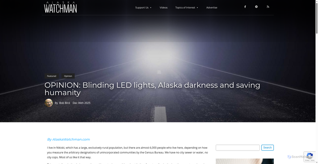 Security scan screenshot of https://alaskawatchman.com/2025/12/06/opinion-blinding-led-lights-alaska-darkness-and-saving-humanity/