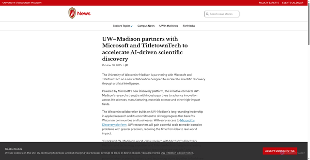 Security scan screenshot of https://news.wisc.edu/uw-madison-partners-with-microsoft-and-titletowntech-to-accelerate-ai-driven-scientific-discovery/