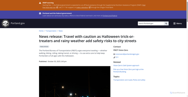 Security scan screenshot of https://www.portland.gov/transportation/news/2025/10/30/news-release-travel-caution-halloween-trick-or-treaters-and-rainy