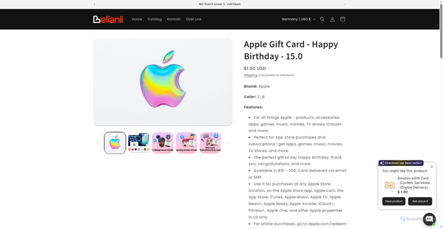 Security scan screenshot of https://belianii.myshopify.com/products/apple-gift-card-happy-birthday-15-0