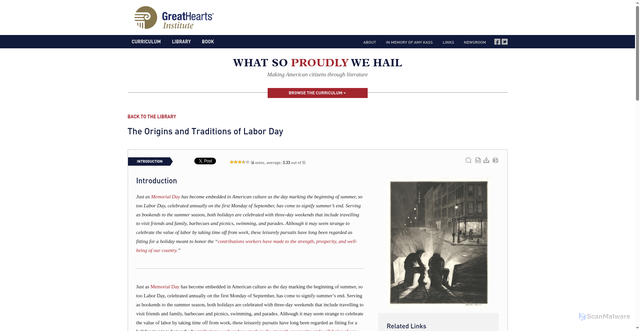 Security scan screenshot of https://www.whatsoproudlywehail.org/curriculum/the-american-calendar/the-origins-and-traditions-of-labor-day/