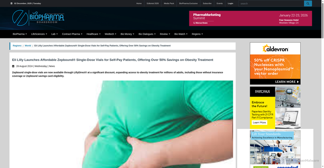 Security scan screenshot of https://biopharmaboardroom.com/news/56/2202/eli-lilly-launches-affordable-zepbound-single-dose-vials-for-self-pay-patients-offering-over-50-savings-on-obesity-treatment.html