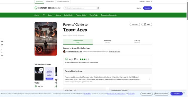 Security scan screenshot of https://www.commonsensemedia.org/movie-reviews/tron-ares
