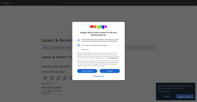 Security scan screenshot of https://www.magayo.com/lotto/illinois/lotto-results/