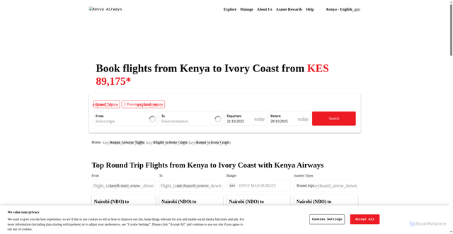 Security scan screenshot of https://www.kenya-airways.com/en_ke/flights-from-kenya-to-ivory-coast