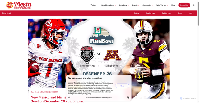 Security scan screenshot of https://www.fiestasportsfoundation.org/news/2025/12/7/new-mexico-and-minnesota-selected-to-play-in-2025-rate-bowl-on-december-26-at-2-30-pm.aspx