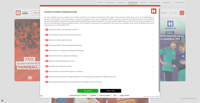 Security scan screenshot of https://handball.net