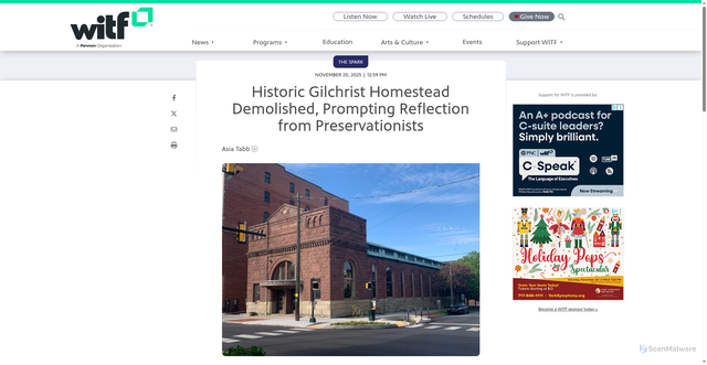 Security scan screenshot of https://www.witf.org/2025/11/20/historic-gilchrist-homestead-demolished-prompting-reflection-from-preservationists/