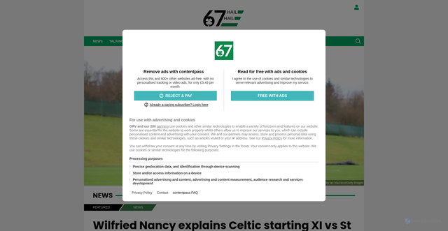 Security scan screenshot of https://www.67hailhail.com/news/wilfried-nancy-explains-his-celtic-starting-xi-and-system-vs-st-mirren-in-the-premier-sports-cup-final/