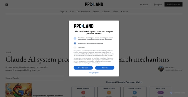 Security scan screenshot of https://ppc.land/claude-ai-system-prompt-leak-reveals-search-mechanisms/
