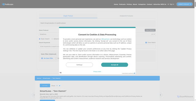 Security scan screenshot of https://podscripts.co/podcasts/smartless/jon-hamm