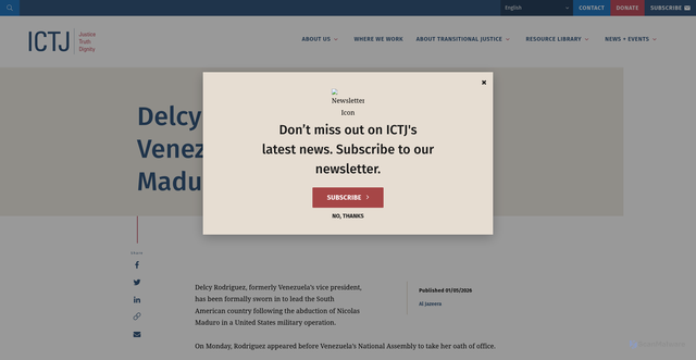 Security scan screenshot of https://www.ictj.org/latest-news/delcy-rodriguez-sworn-venezuela%E2%80%99s-president-after-maduro-abduction