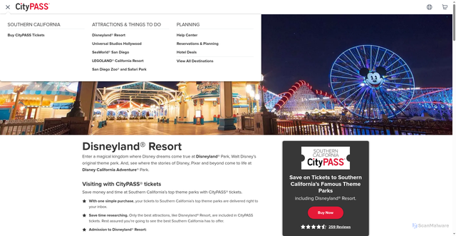 Security scan screenshot of https://www.citypass.com/southern-california/disneyland?srsltid=AfmBOorOIt8czowbJRwDSIYDLwx0sIcMr6WhCQhKTYXKDV_q8XtCLGd5