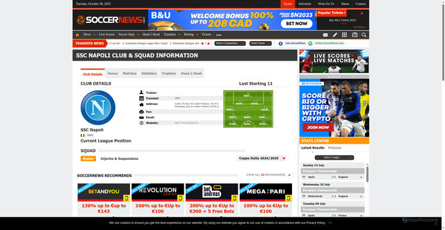 Security scan screenshot of https://www.soccernews.com/teams/ssc-napoli/?team_id=113