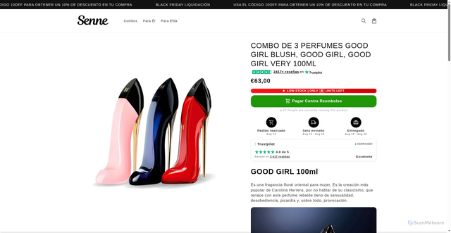 Security scan screenshot of https://seenee.site/products/pachet-promotional-de-3-parfumuri-good-girl-blush-good-girl-supreme-si-good-girl-very