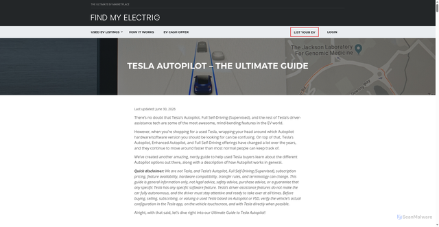 Security scan screenshot of https://www.findmyelectric.com/tesla-autopilot-ultimate-guide/