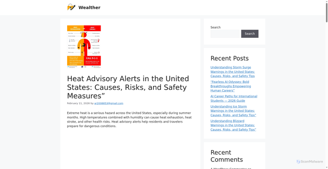 Security scan screenshot of https://wealther.online/heat-advisory-alerts-in-the-united-states-causes-risks-and-safety-measures/