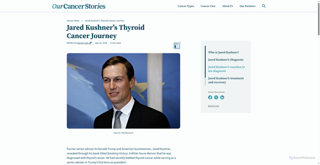 Security scan screenshot of https://www.ourcancerstories.com/cancer-news/jared-kushner-thyroid-cancer