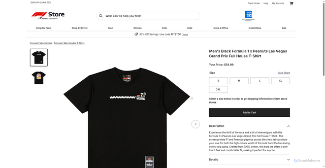 Security scan screenshot of https://usf1store.formula1.com/en/formula-1-merchandise/mens-black-formula-1-x-peanuts-las-vegas-grand-prix-full-house-t-shirt/t-98215598+p-35338136486967+z-8-1560559232