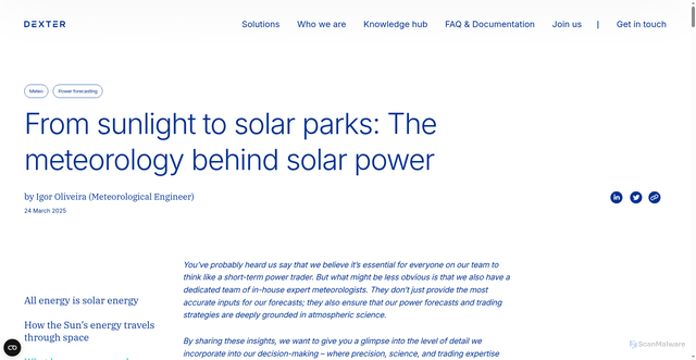 Security scan screenshot of https://dexterenergy.ai/news/from-sunlight-to-solar-parks-the-meteorology-behind-solar-power/