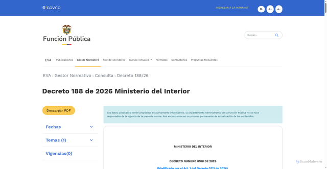 Security scan screenshot of https://www.funcionpublica.gov.co/eva/gestornormativo/norma.php?i=272496
