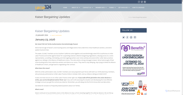 Security scan screenshot of https://ufcw324.org/kaiser-updates-2025/