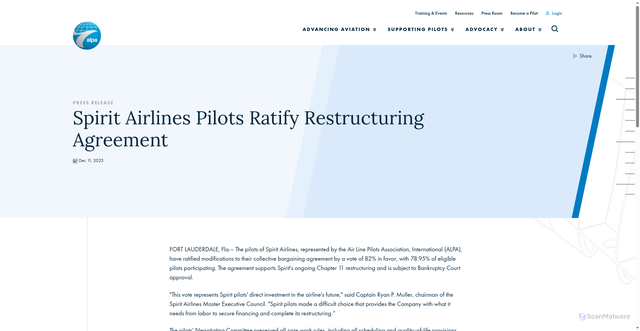 Security scan screenshot of https://www.alpa.org/Press-Room/2025/12/Spirit-Airlines-Pilots-Ratify-Restructuring-Agreement