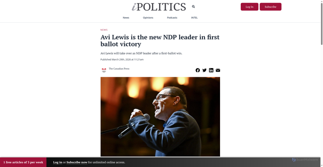 Security scan screenshot of https://www.ipolitics.ca/2026/03/29/avi-lewis-is-the-new-ndp-leader-in-first-ballot-victory/