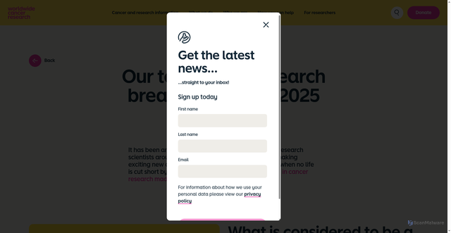 Security scan screenshot of https://www.worldwidecancerresearch.org/our-latest-news/news-and-press/our-top-cancer-research-breakthroughs-of-2025/