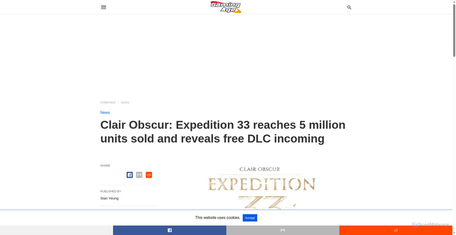Security scan screenshot of https://gaming-age.com/2025/10/clair-obscur-expedition-33-reaches-5-million-units-sold-and-reveals-free-dlc-incoming/amp/