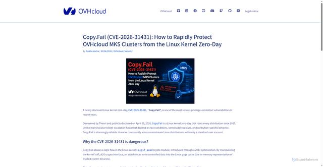 Security scan screenshot of https://blog.ovhcloud.com/copy-fail-cve-2026-31431-how-to-rapidly-protect-ovhcloud-mks-clusters-from-the-linux-kernel-zero-day/