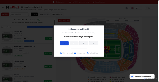 Security scan screenshot of https://www.fanseats.co.uk/football/spanish-la-liga/fc-barcelona-vs-elche-cf/130747