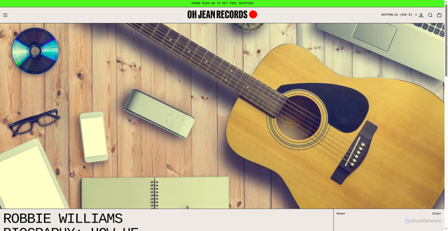Security scan screenshot of https://www.ohjeanrecords.com/blogs/news/robbie-williams-biography?srsltid=AfmBOor-wpIzCjnyde0VBL0dG8Aqjmg2of4OfGaKRHKttQr84WDhpsnD