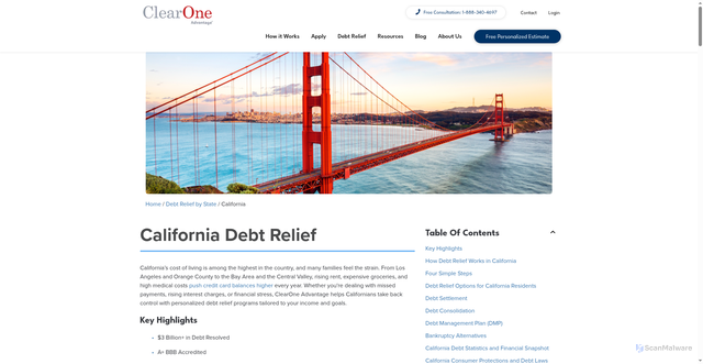 Security scan screenshot of https://www.clearoneadvantage.com/california-debt-relief