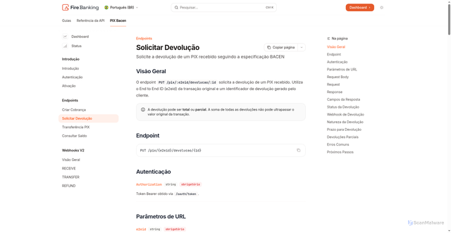 Security scan screenshot of https://docs.firebanking.dev/pix-bacen/endpoints/devolucao