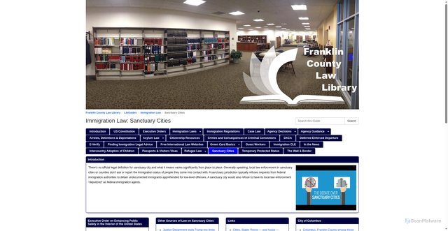 Security scan screenshot of https://fclawlib.libguides.com/immigrationlaw/sanctuary