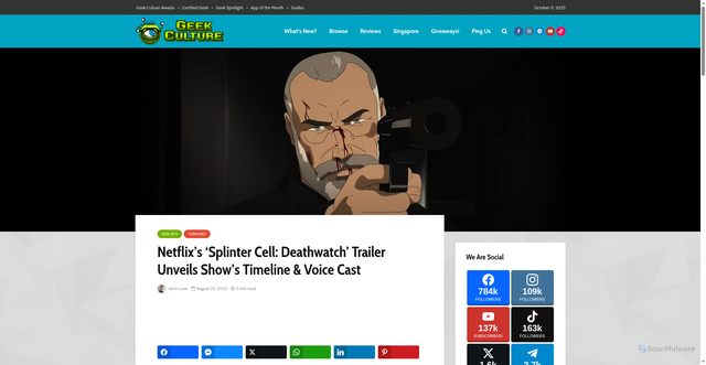 Security scan screenshot of https://geekculture.co/netflixs-splinter-cell-deathwatch-trailer-unveils-shows-timeline-and-voice-cast/
