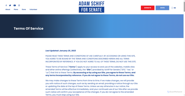Security scan screenshot of https://www.adamschiff.com/terms-of-service/